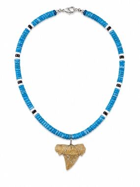 Turquoise Beaded Necklace with Natural Shark Tooth Pendant